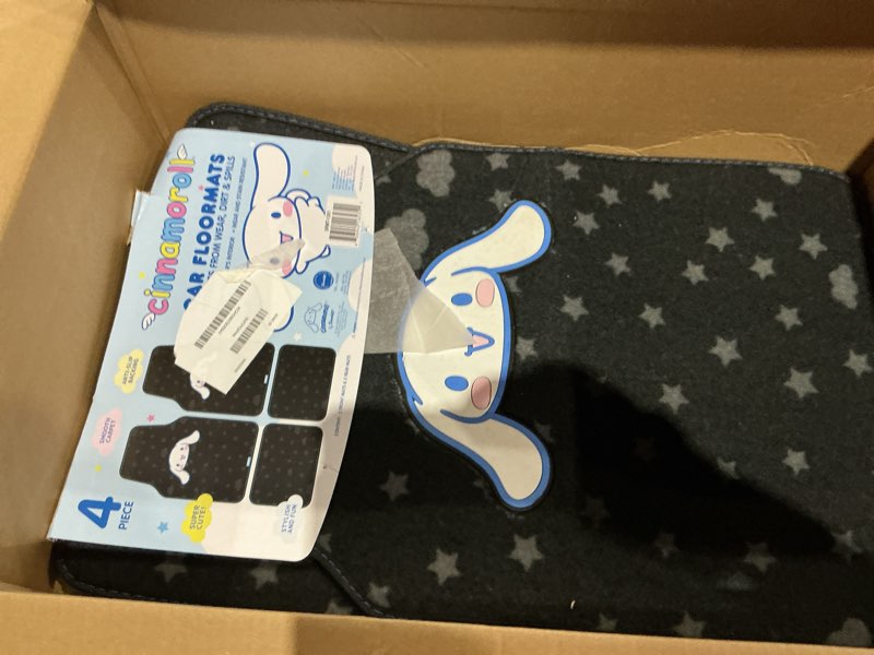 Condition photo showing As Is for cinnamoroll carpet car floor mats - universal fit for cars, suvs & trucks - super cute cinnamoroll print & pattern accents - front & rear set, 4 piece carpet cinnamoroll midnight