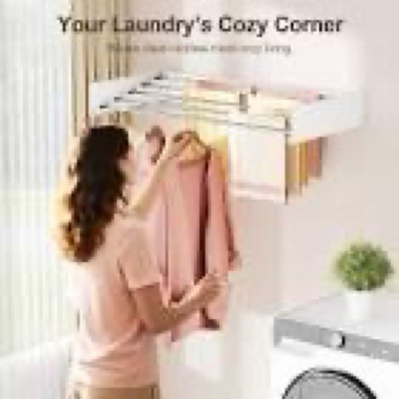 wall mounted clothes drying rack folding indoor, foldable laundry drying rack collapsible,invisible, space saving, retractable towel drying rack, with wall template(5 drying rods, white 32\")