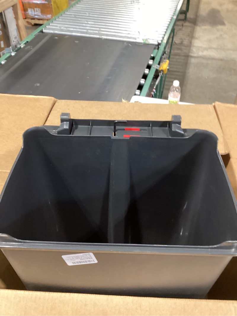 Condition photo showing As Is for rubbermaid premier series iii step-on trash can for home and kitchen, with stainless steel rim, 12.4 gallon, charcoal, for home/kitchen/garage/apartment/office metal rim, resin lid