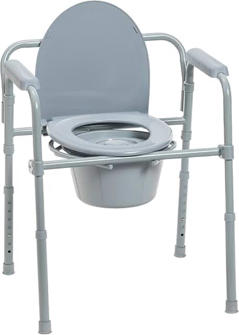 folding steel bedside commode chair - portable 3-in-1 toilet solution - adjustable height - 7.5 qt bucket included - durable powder-coated steel frame - supports up to 350 lb