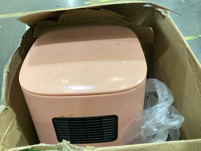 Condition photo showing As Is for greenlife 4.5qt air fryer, mechanical dial controls, pfas-free ceramic nonstick drawer, adjustable temp & timer, led indicator, oil-less cooking, dishwasher safe, compact family size, pink dusty pink