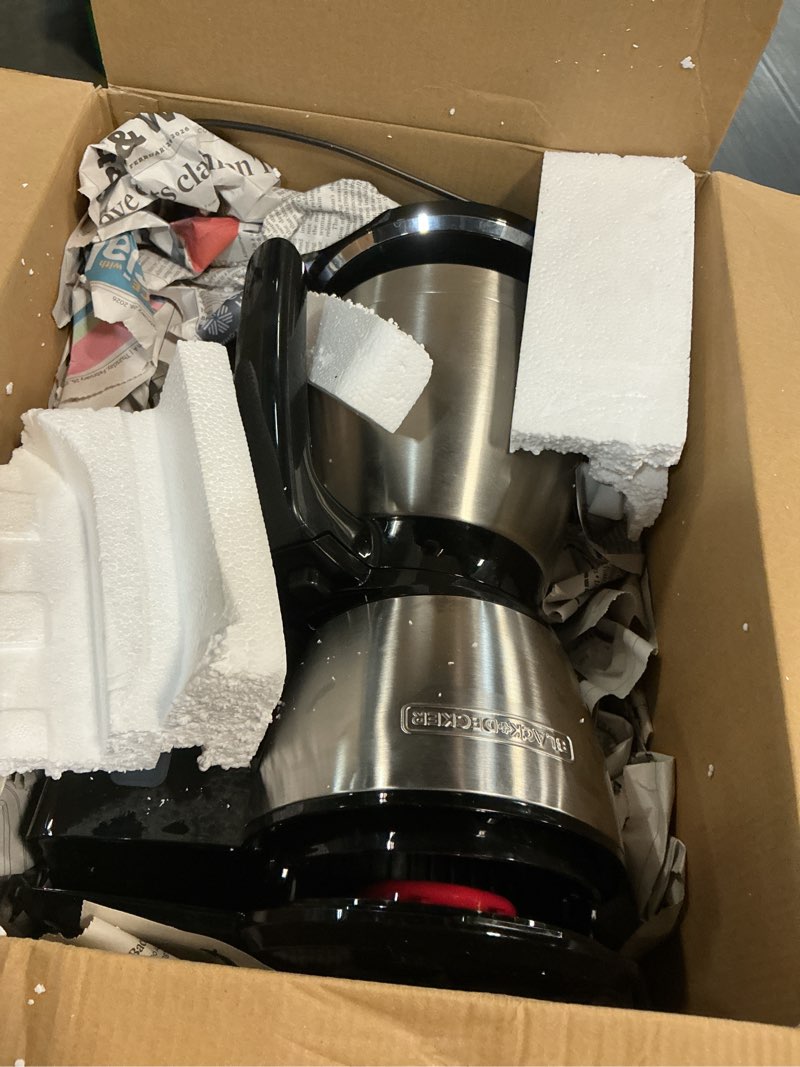 Condition photo showing As Is for black+decker 12 cup thermal programmable coffee maker with brew strength and vortex technology, black/steel