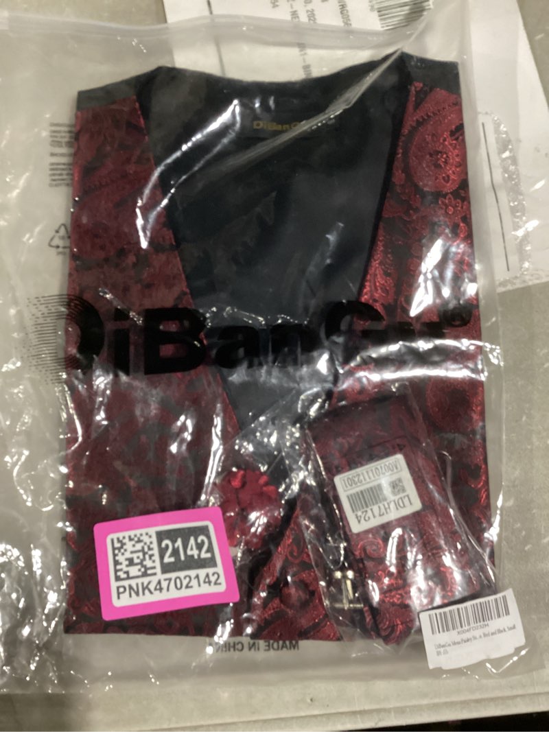Condition photo showing New/Like New for DiBanGu Mens Paisley Suit Waistcoat,Silk Dress Vest and Bowtie Pocket Square Cufflinks with Lapel Pin Set for Wedding Tuxedo Small Paisley Red and Black