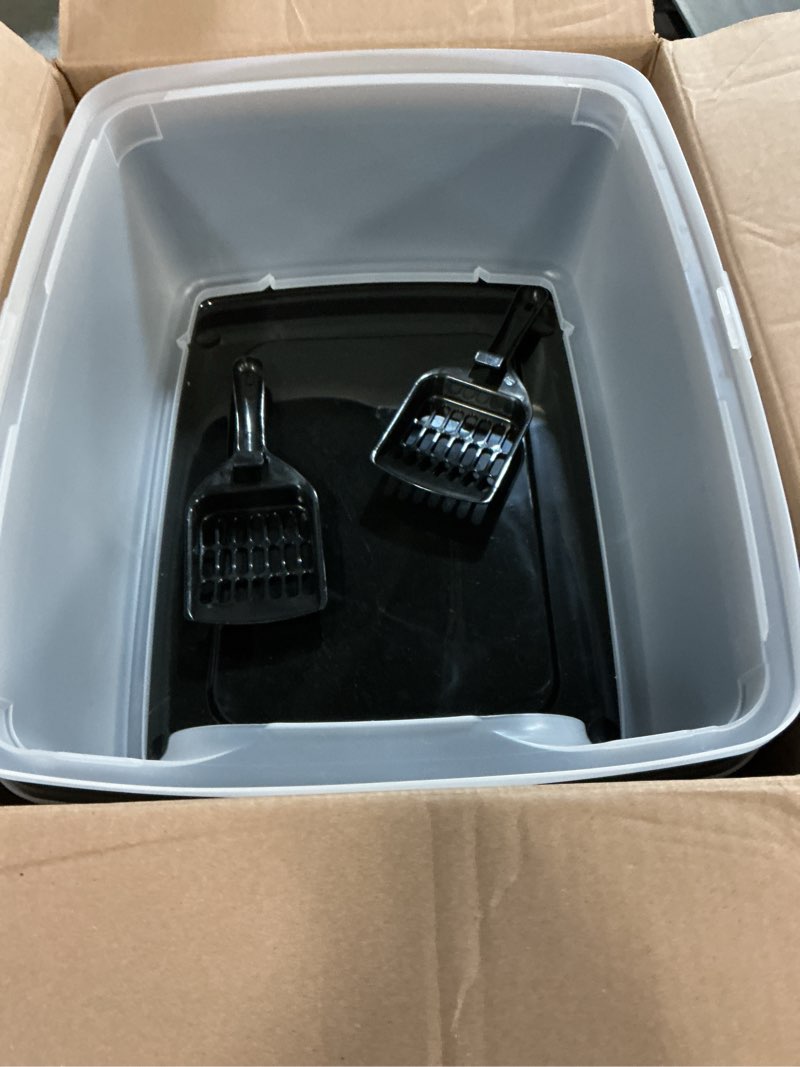 Condition photo showing Good Condition for IRIS USA 2 Pack Large Open Top Cat Litter Box with High Sides, Scatter Shield & Scoop, Black, for Indoor Cats, Kittens or Multicat Homes