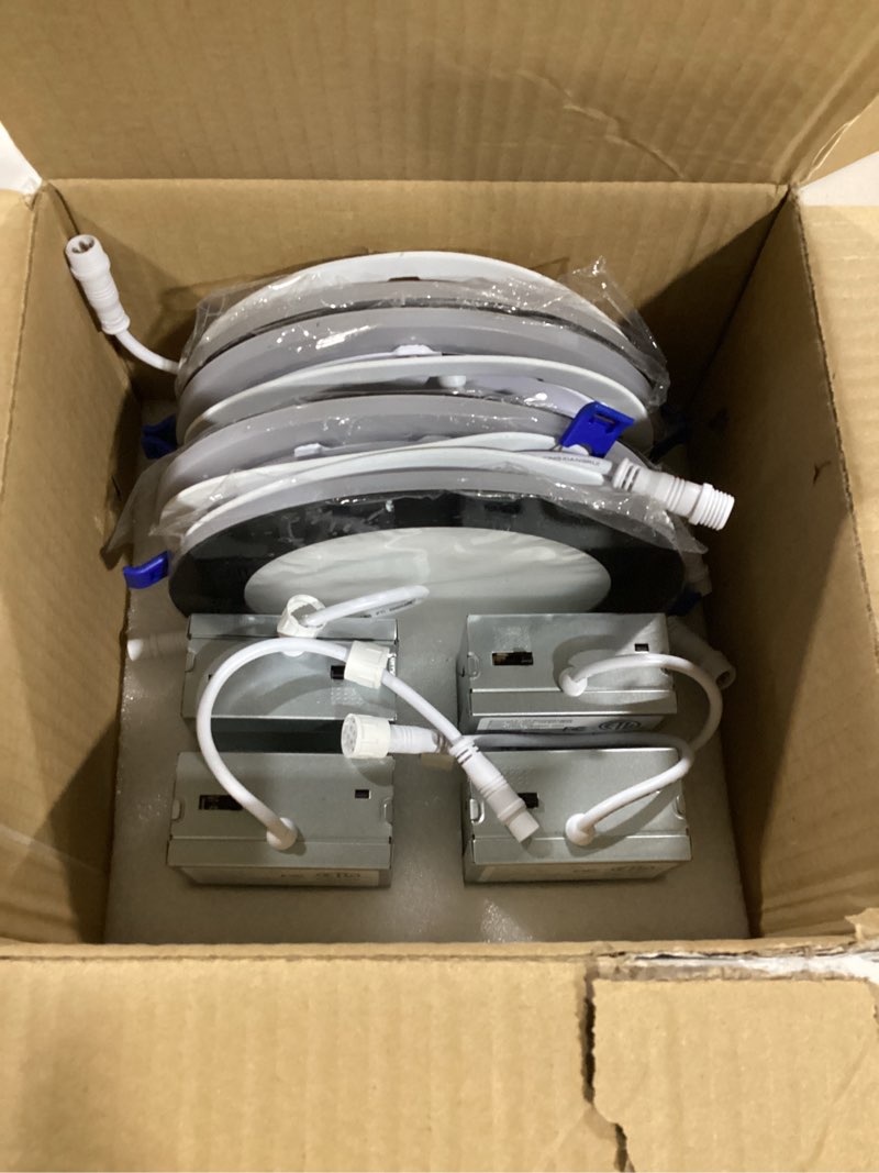 Condition photo showing As Is for meconard 4 pack 6 inch 5cct led recessed ceiling light with night light, 2700k/3000k/3500k/4000k/5000k selectable ultra-thin dimmable canless wafer downlight, 12w=110w, 1050lm, black trim black 6 inch