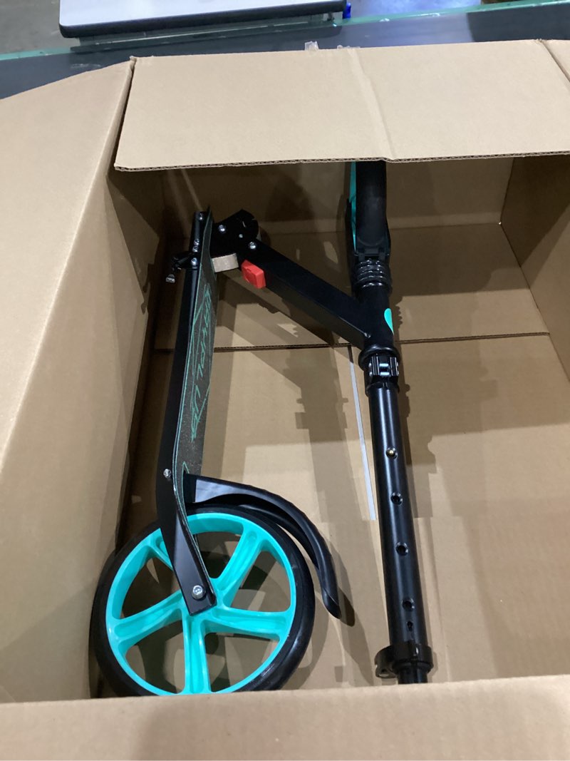 Condition photo showing As Is for kick scooter for ages 6+,kid, teens & adults. max load 240 lbs. foldable, lightweight, 8in big wheels for kids, teen and adults, 4 adjustable levels. bearing abec9