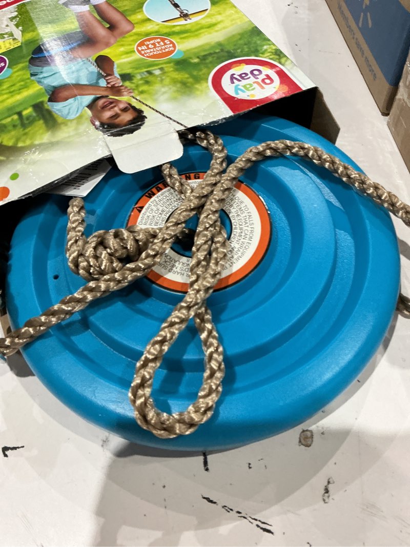 Condition photo showing As Is for play day rope swing, outdoor adjustable nylon rope disc swing, swing set accessory, ages 3+