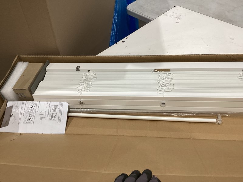Condition photo showing Good Condition for chicology 2" cordless faux wood blinds, room darkening smooth pvc window blinds, cordless lift, light control and privacy, inside/outside mount, moisture resistant, basic white, 32" w x 60" h 32"w x 60"h basic white
