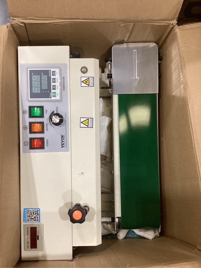 Condition photo showing As Is for vevor continuous bag band sealing machine fr900k band sealer machine with digital temperature control horizontal bag sealer for 0.02-0.08 mm plastic bags continuous band sealer w/printing function