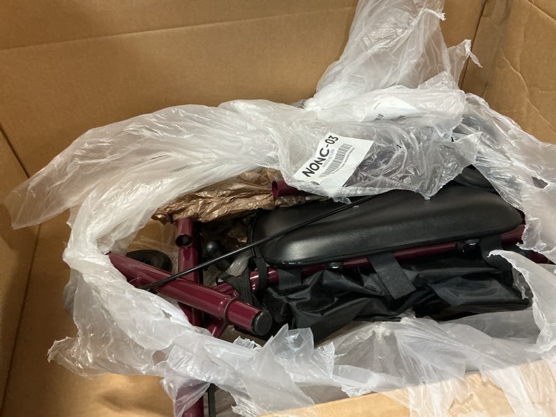 Condition photo showing As Is for medline steel rollator walker with seat, burgundy, 350 lb. weight capacity, 6” wheels, foldable, adjustable handles, rolling walker for seniors, walker for mobility impaired