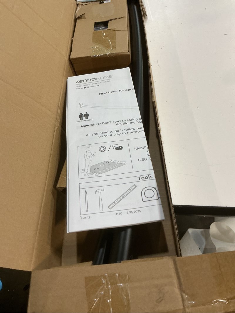 Condition photo showing New/Like New for Zenna Home Rustproof Curved Shower Curtain Rod, No Drill Tension or Permanent Mount Adjustable Curved Shower Rod for Bathroom, Easy Install, Rounded for Extra Room, 50 to 72 Inches, Matte Black