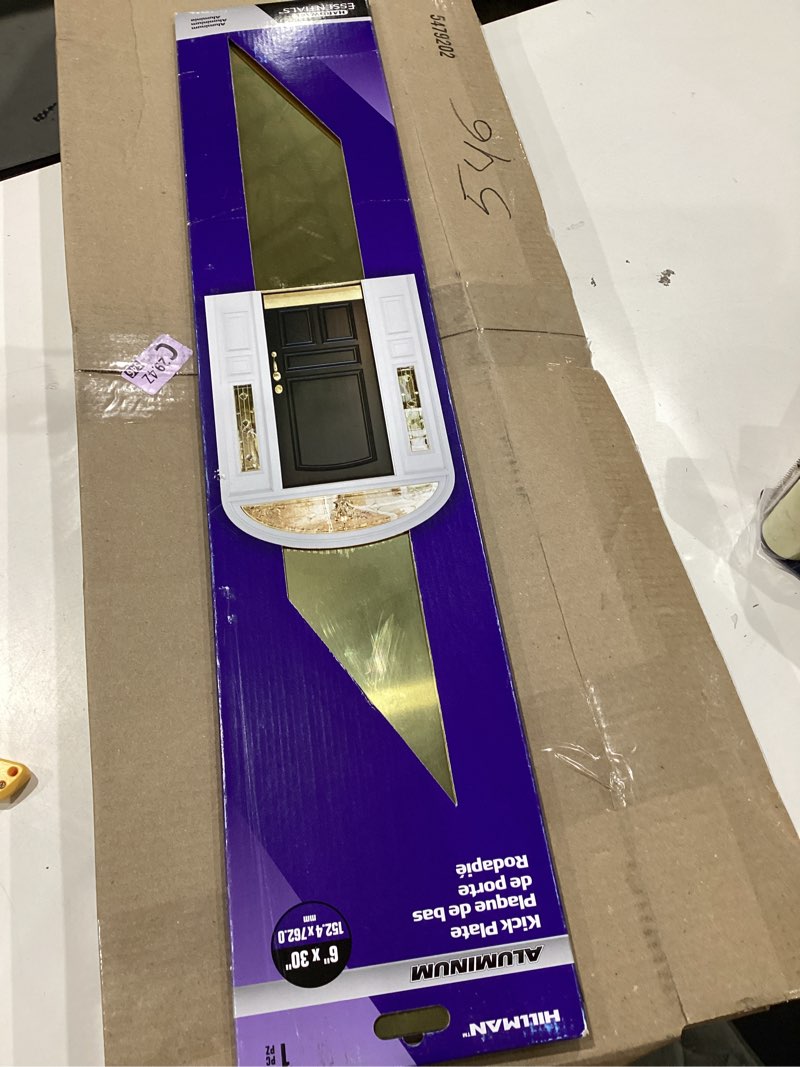 Condition photo showing Good Condition for hardware essentials group hardware essentials aluminum non-magnetic, screw-in, door kick plate 6" x 30" bright brass finish, (??852738)