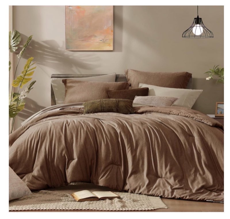 monbix queen comforter set - 7 pieces cationic dyeing brown bed in a bag queen bedding sets with com