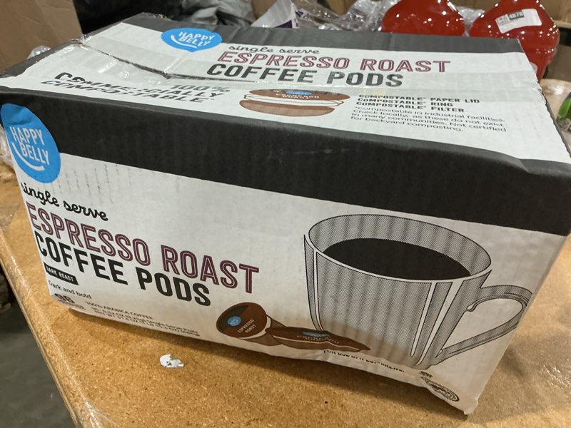 Condition photo showing New/Like New for best by 2.28,2027 amazon brand - happy belly espresso roast compostable coffee pods (dark roast), compatible with k-cup brewer, 96 count