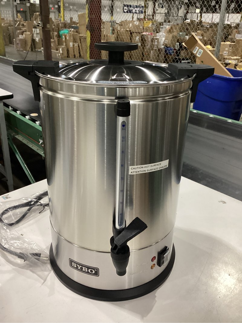 Condition photo showing As Is for NOT TESTED SYBO SR-CP-100B Commercial Grade Stainless Steel Percolate Coffee Maker Hot Water Urn for Catering, 100-Cup 16 L, Metallic 16L Metallic
