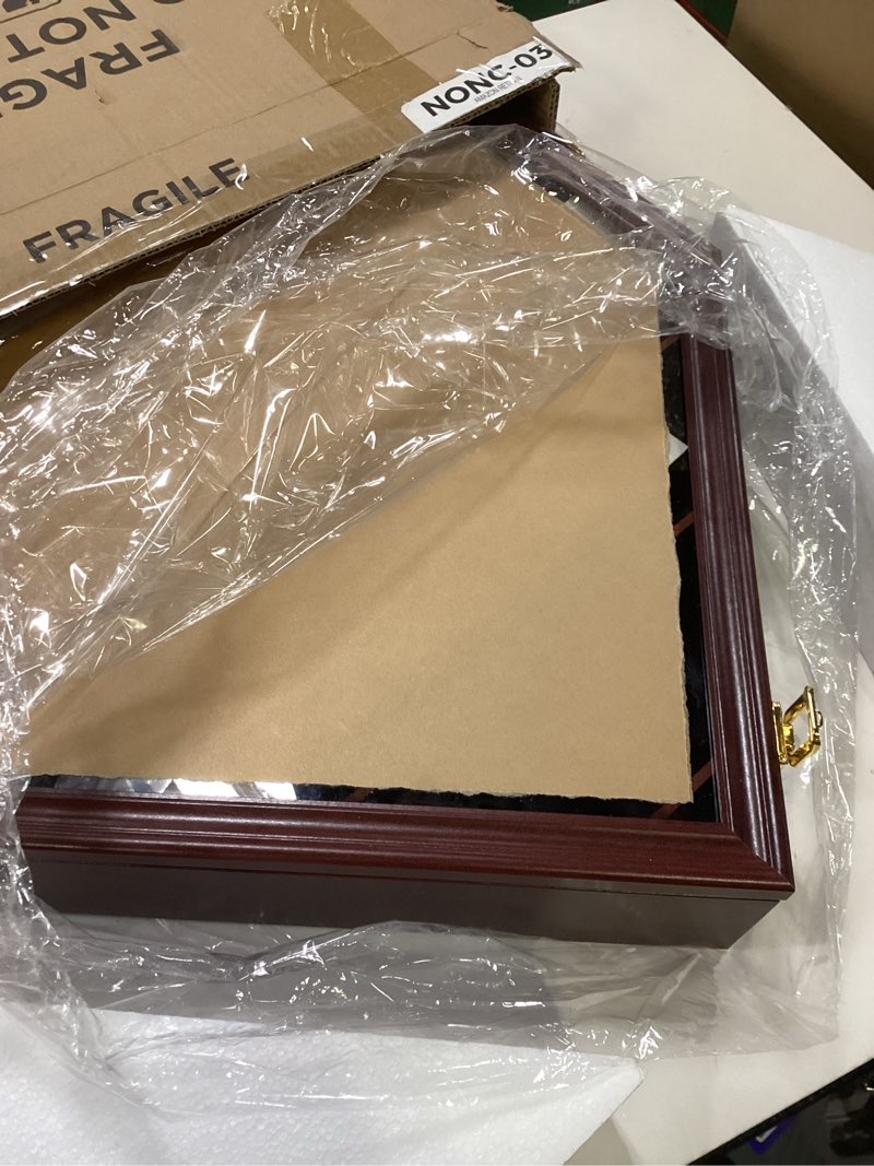 Condition photo showing As Is for HOROW 21 Baseball Display Case Clear Anti Fade Lockable Wall Cabinet with 98% UV Protection Acrylic Door Baseball Holders Shadow Box Rack for Collection Autographed Baseball 21ball-cherry