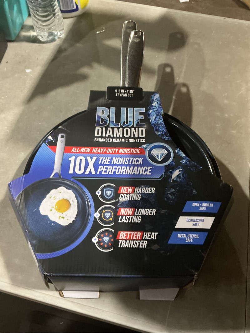 Condition photo showing Good Condition for blue diamond 9.5” & 11" nonstick frying pan skillet set, diamond infused pfas-free ceramic, dishwasher & oven safe, stainless steel handle, durable non toxic metal utensil safe, egg & omelet pans,blue blue 9.5" and 11" frying pan skillet set