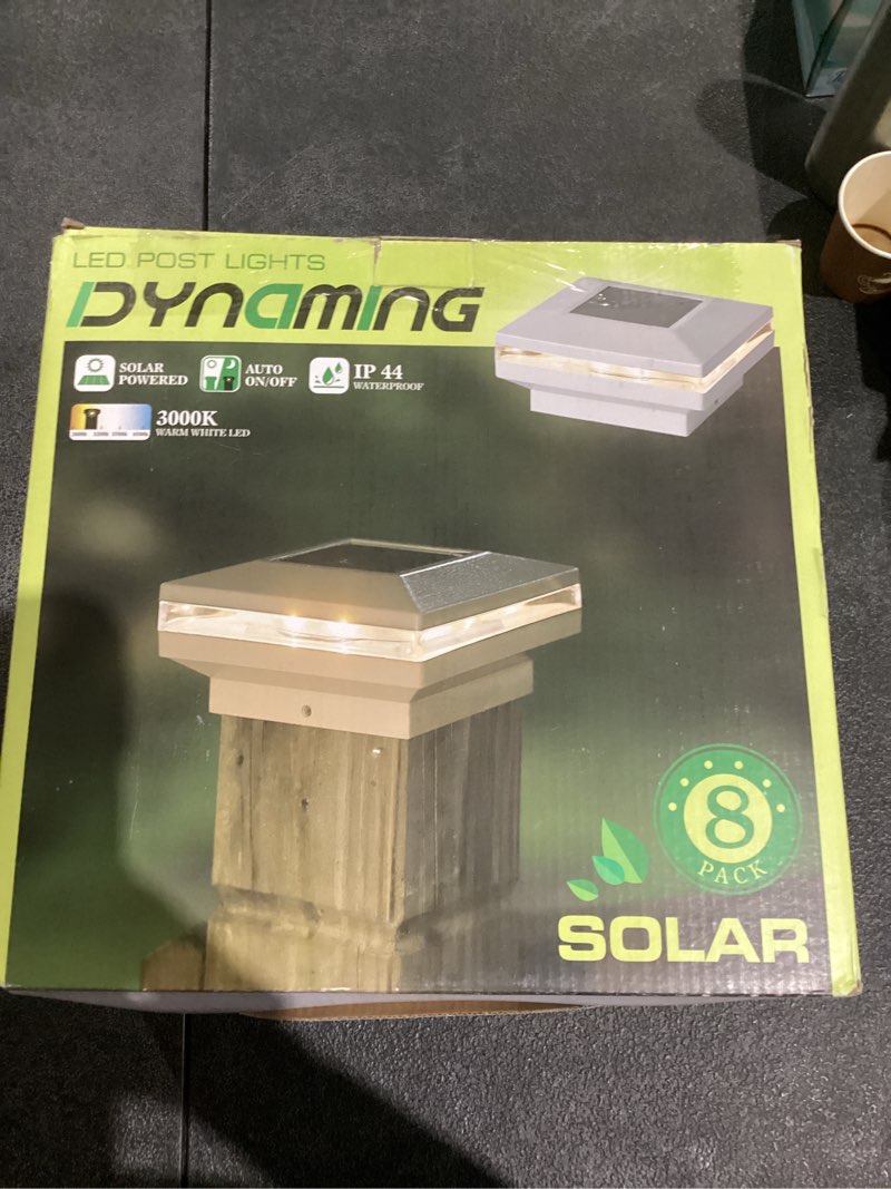 Condition photo showing New/Like New for Dynaming 8 Pack Solar Post Lights, Outdoor Decorative Posts Cap Light, Solar Powered White Shell Caps, High Brightness Warm White SMD LED Lighting for Fence Deck Patio, Fit 4x4, 5x5 or 6x6 Wooden Post White 8 Pack, for 4x4 5x5 6x6 Vinyl/Wooden Posts