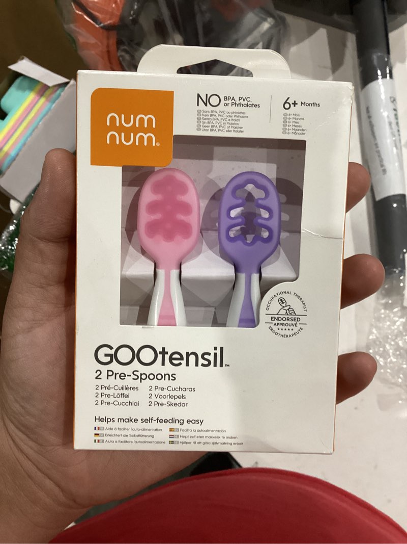 Condition photo showing New/Like New for numnum baby spoons set, baby essentials pre-spoon gootensils for 6+ months, first stage self-feeding spoons for baby led weaning (blw), silicone toddler utensils, bpa-free, 2 pack frosty lilac/rosebud 2 spoons 09 - purple / pink