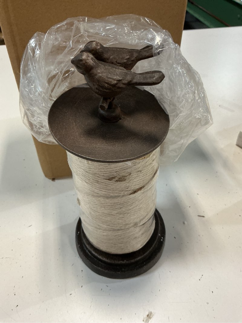 Condition photo showing Good Condition for soffee design vintage jute twine holder with scissors for garden farmhouse kitchen counter antique twine set birds rustic black rustic double birds