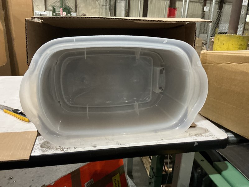 Condition photo showing Good Condition for rubbermaid wrap n' craft plastic wrapping paper organizer storage container with top ornament storage compartment for 20 standard 30 inch rolls, clear