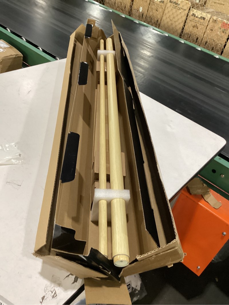 Condition photo showing Good Condition for 1-1/8 inch diameter light wood curtain rods with cap finial, 36-72'' telescoping faux wood design double curtain rods for window width 24-68 inch, 1 pack light wood 36-72''
