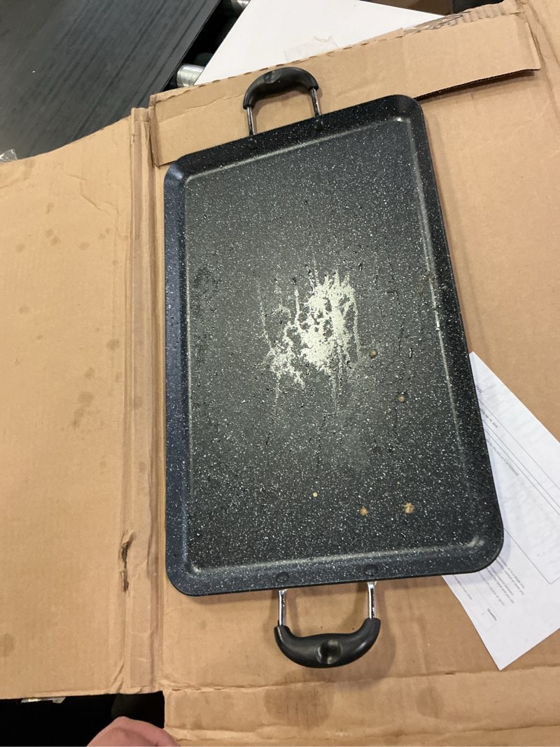 Condition photo showing As Is for heavy gauge aluminum non-stick double griddle cooking pan cook