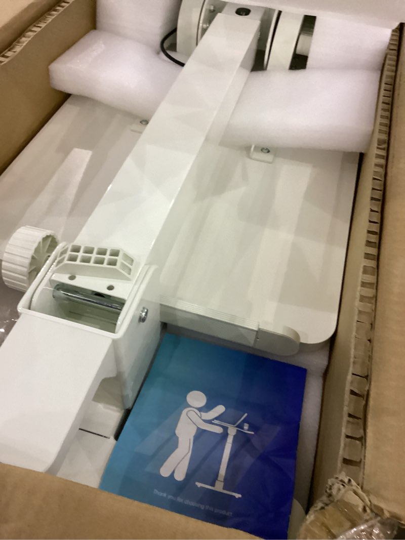 Condition photo showing Good Condition for Foldable Mobile Standing Desk, 27 Inch Small Rolling Laptop Cart Height Adjustment, 90° Tiltable Bedside Table, No Assembly Needed Portable Computer Workstation, White