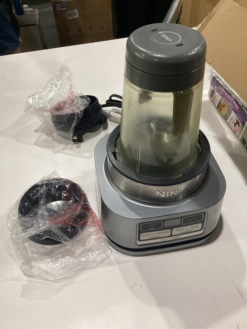 Condition photo showing As Is for incomplete missing accessories ninja foodi personal blender | smoothie bowl maker with storage lid, nutrient extractor and mixer | 1200-peak-watt smarttorque motor | hybrid edge blades, (2) 24-oz. cups | silver | ss101