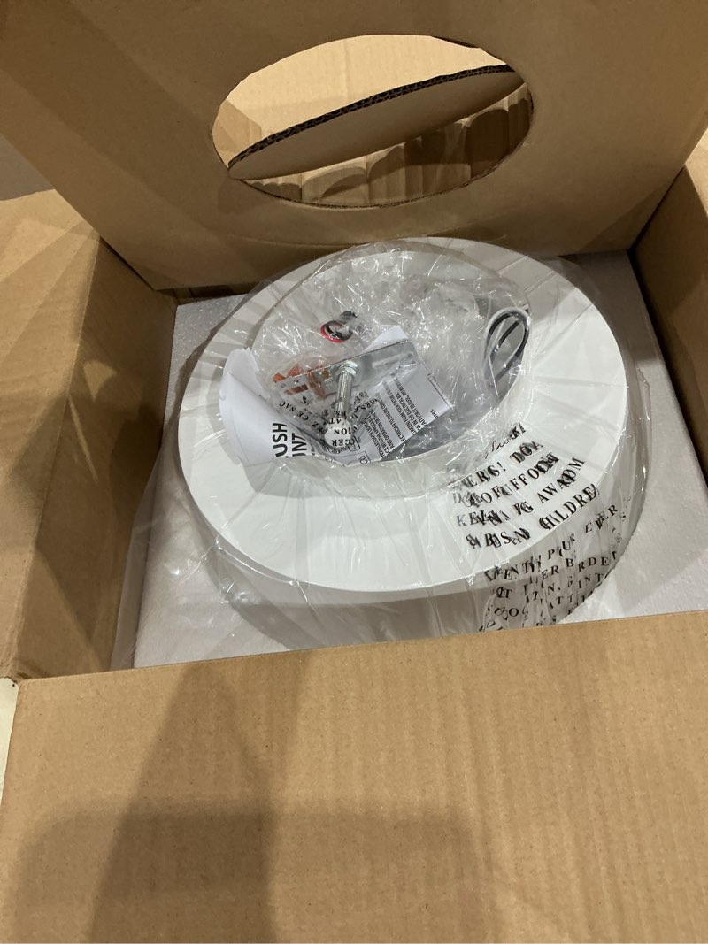 Condition photo showing New/Like New for canarm adira 14-inch led flush mount ceiling light, white acrylic drum, integrated dimmable led, modern lighting for bedroom or kitchen