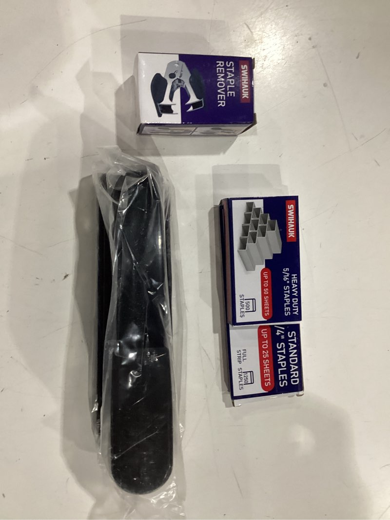 Condition photo showing New/Like New for metal stapler heavy duty 50 sheet capacity with 1750 staples and staple remover, full strip staplers for desk, no jam, non-slip for office & classroom, black