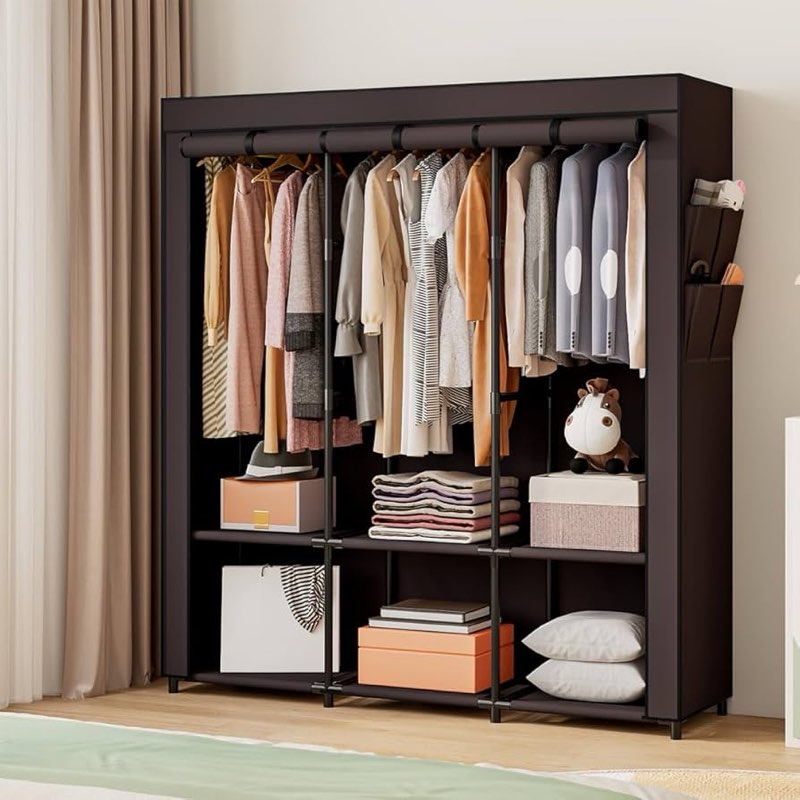 portable closet wardrobe storage organizer metal hanging rack non-woven fabric (coffee) model: az1624