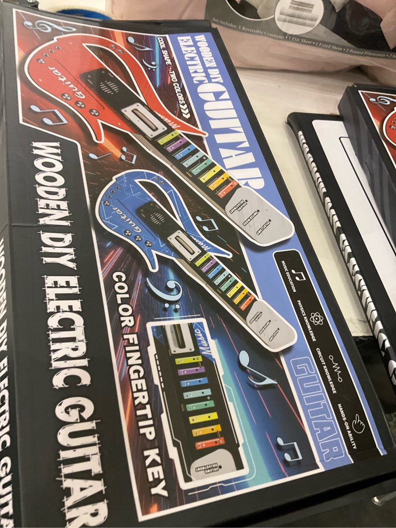 Condition photo showing As Is for SkilLify Guitar Toy for Kids, 3-in-1 Musical Instrument Toy, Keyboard Piano & Bass Sounds, DIY Electronic Wooden Play Guitar Kit for 5-12 Year Old Children Boys Girls Gifts(Red)