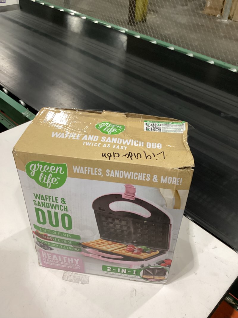 Condition photo showing Good Condition for greenlife electric waffle sandwich maker, toaster, panini press with healthy ceramic nonstick plates, perfect for tuna melts, crispy rice, grilled cheese, led indicator light, pfas-free, turquoise waffle & sandwich maker turquoise