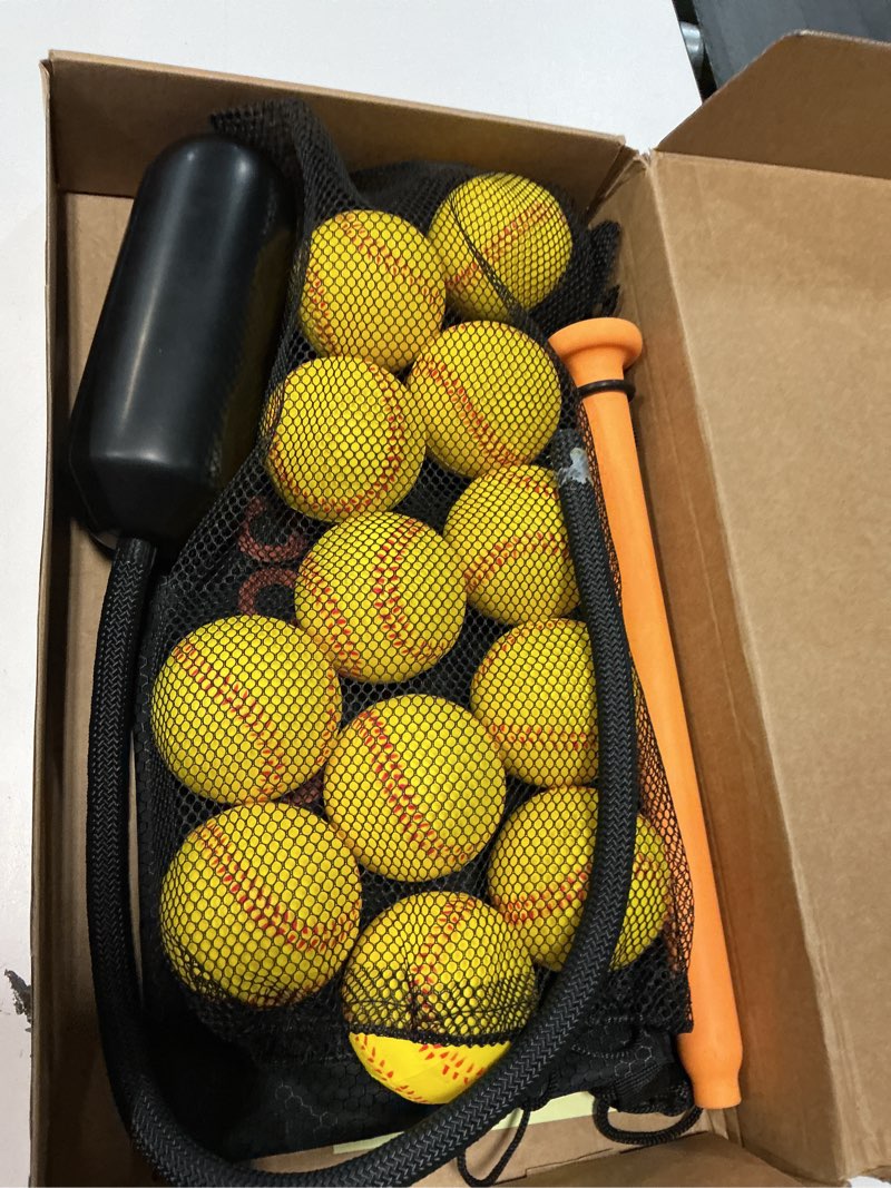 Condition photo showing As Is for the yellow baseball rope swing training bat comes with 12 training balls and 1 bat
