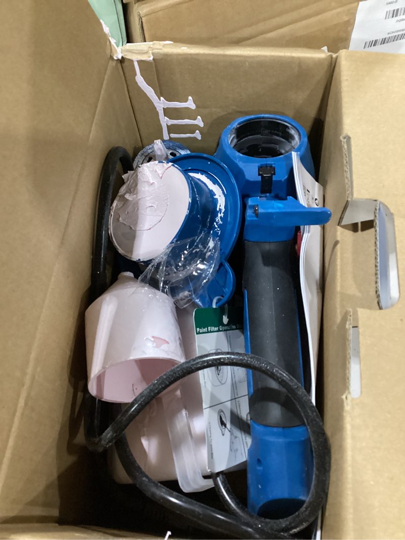 Condition photo showing As Is for not tested paint sprayer, electric spray paint gun, 3 modes & 4 brass nozzles, with cleaning & blowing joints, variable flow control, for doors, fences, walls, cabinets, garden chairs, furniture, etc. light blue