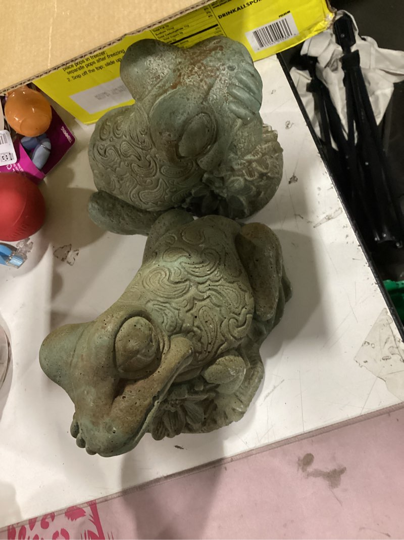 Condition photo showing As Is for (green with flowers) (set of 2)concrete garden frog stone frog figurine frog garden statue cement frog decor concrete animal sculpture pound decoration backyard gift crazy frog figure concrete frog statue garden frog sculpture