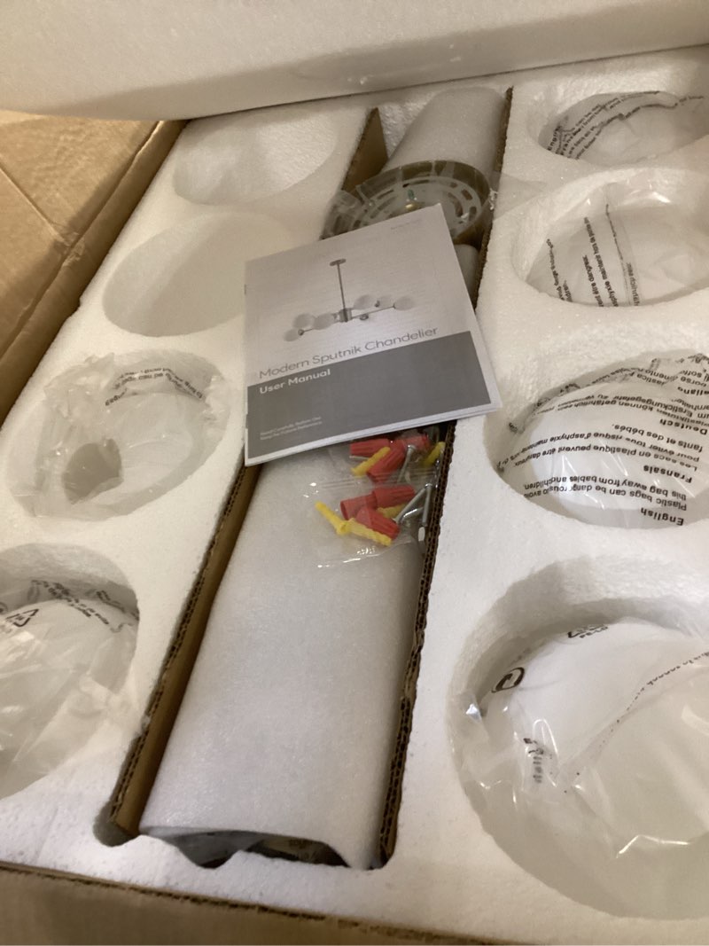 Condition photo showing As Is for VONLUCE Sputnik Ceiling Light Fixture, 8-Light Modern Sputnik Chandelier with Frosted Glass Shades, 