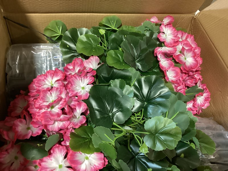 Condition photo showing New/Like New for qianyun artificial geranium bush – 20 inch outdoor potted artificial plant for front porch, uv resistant faux flower bush for garden, yard & patio decor (2 pack) white-pink