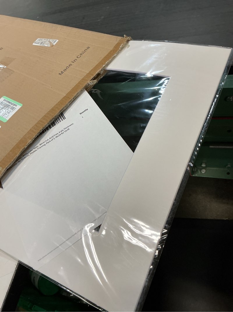 Condition photo showing As Is for mat board center, white color mats - bevel cut, acid free, 4-ply thickness, white core - for pictures, photos, framing, pack of 2, 18x24 for 12x18
