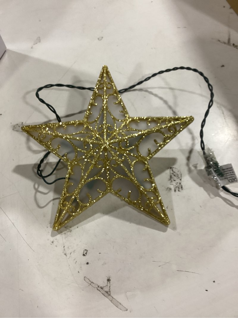 Condition photo showing Good Condition for Christmas Star Tree Topper, 9.5 in Plug in Golden Glittered 3D Star Tree Topper, Metal Hollow Designed Built-in 10 Bulbs String Lights for Indoor Office Christmas New Year Holiday Tree Decoration Pvc Gold Star 1 Pack