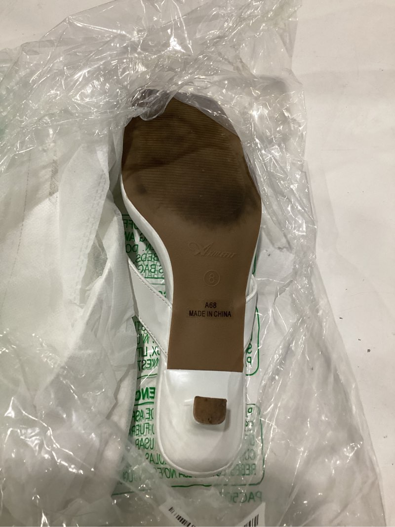 Condition photo showing As Is for lullasong women's kitten heels sandals square open toe flip flop heels 1.8-2 inch heeled sandals for women size 8 white, used