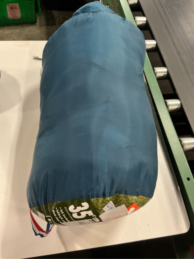 Condition photo showing As Is for ozark trail 35°f cool weather rectangular sleeping bag with recycled polyester and zip shield