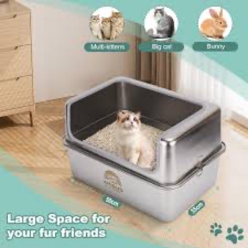 Amibud Stainless Steel XL Cat Litter Boxes with Metal Lid,20x14x12'' Extra Large Kitty Litter Pan wi