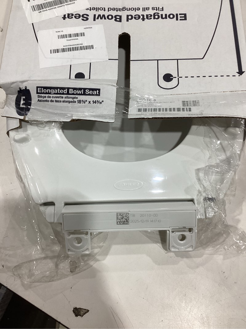 Condition photo showing New/Like New for Kohler K-20110-0 Brevia Elongated Toilet Seat with Grip-Tight Bumpers, Quiet-Close Seat, Quick-Attach Hardware, White