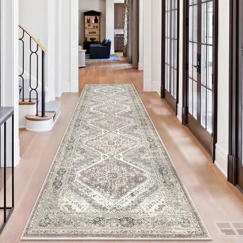 KUTA Vintage Washable Rug Runners 3x10, Ivory Grey Yellow Long Hallway Kitchen 10ft Rugs with Rubber