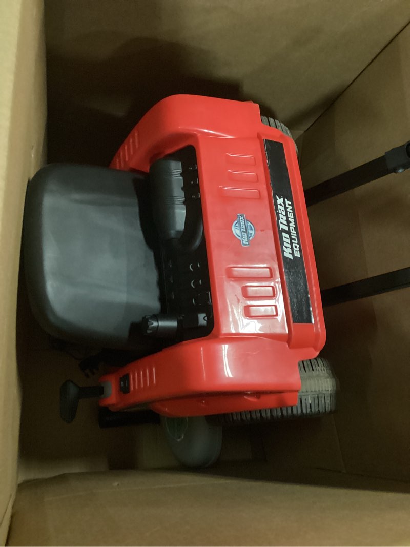 Condition photo showing As Is for kid trax 12v zero turn lawn mower jr. ride on toy - riding lawn mower, outdoor toys, kids electric car, tractor toy, dual handle, twist and turn, speed to 2.5 mph, max weight of 66lbs, age 2-5, red junior red 2–5 yrs old