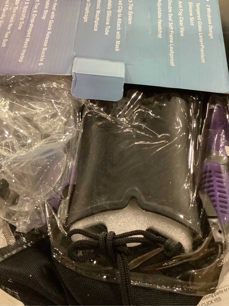 Condition photo showing Good Condition for zenoplige mask fins snorkel set, snorkeling gear for adults, panoramic view snorkel mask anti-fog, adjustable dive flippers, dry top snorkel and travel bag, scuba gear for swimming snorkeling diving transparent purple small-medium