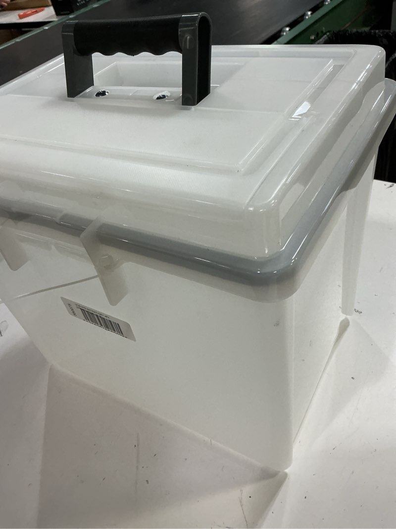 Condition photo showing Good Condition for iris usa file box weatherpro portable file organizer plastic file box for letter file w/ organizer-lid, durable lid and seal w/ secure latching buckles, stackable and nestable, pearl 19 qt. 1 pack