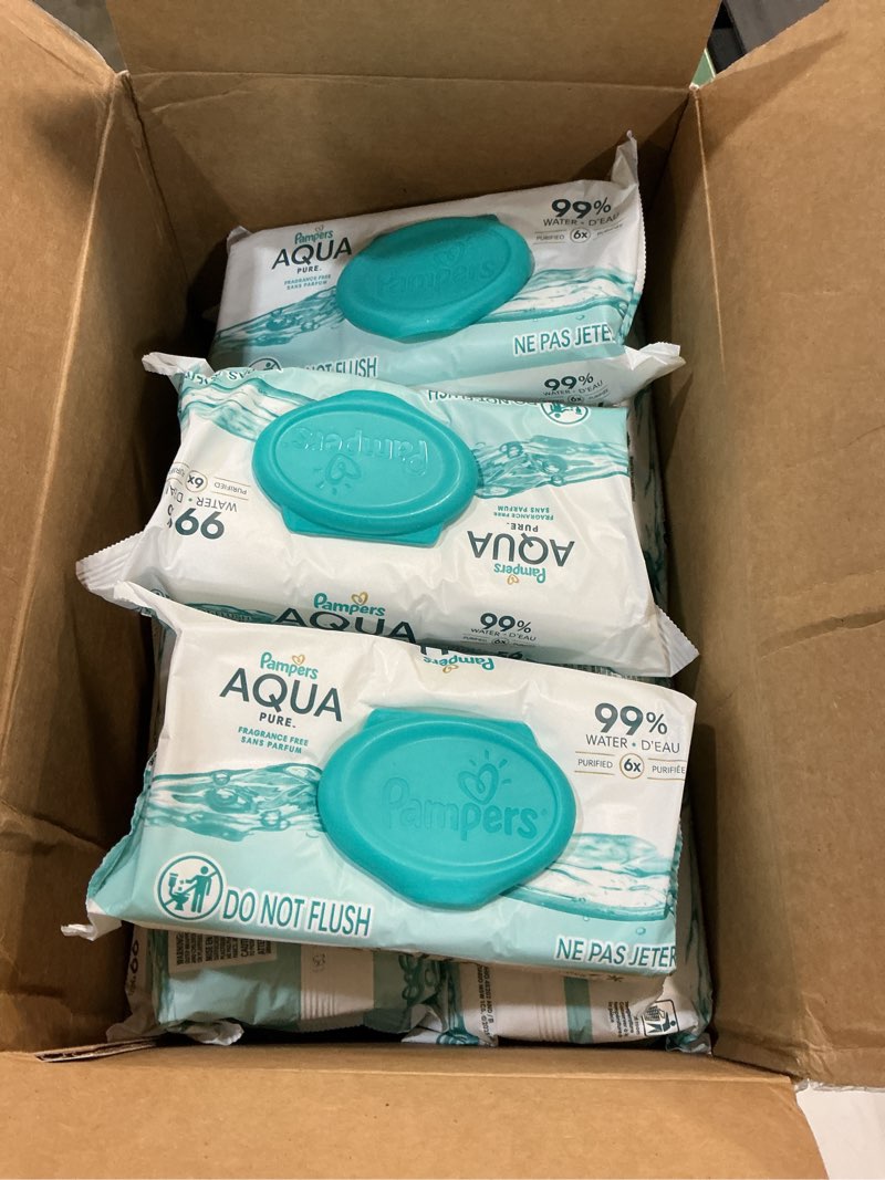 Condition photo showing New/Like New for pampers aqua pure baby wipes, 99% water, fragrance free, 896 baby wipes total (16x flip-top packs) [packaging may vary] 56 count (pack of 15)